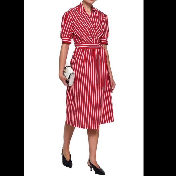 Sandro Paris Loreta Red And White Stripe Short Sleeve Wrap Midi Dress Sz 36 - Picture 2 of 5